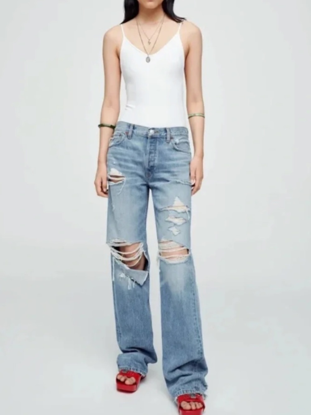 RE/DONE Women’s Loose Long Jeans in Ripped and Faded Size 26 NWT